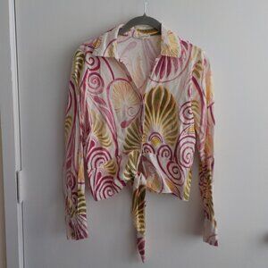 Christian Siriano Blouse - Linen/Rayon -Small Floral Long Sleeve Tie Front (615)